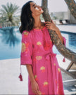 Fuchsia Yellow Floral Embroidered Linen Kaftan Maxi Dress