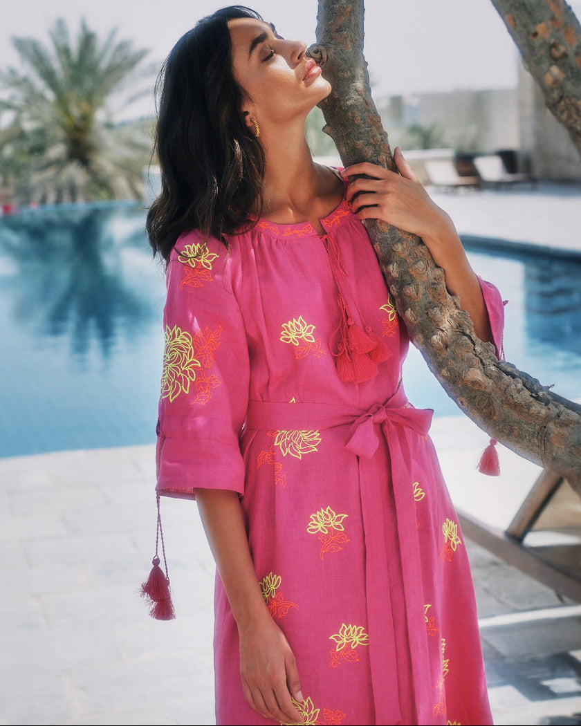Fuchsia Yellow Floral Embroidered Linen Kaftan Maxi Dress