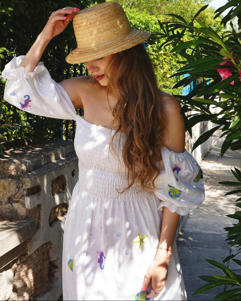 White Sea Life Embroidered Linen Off-the-Shoulder Midi Dress
