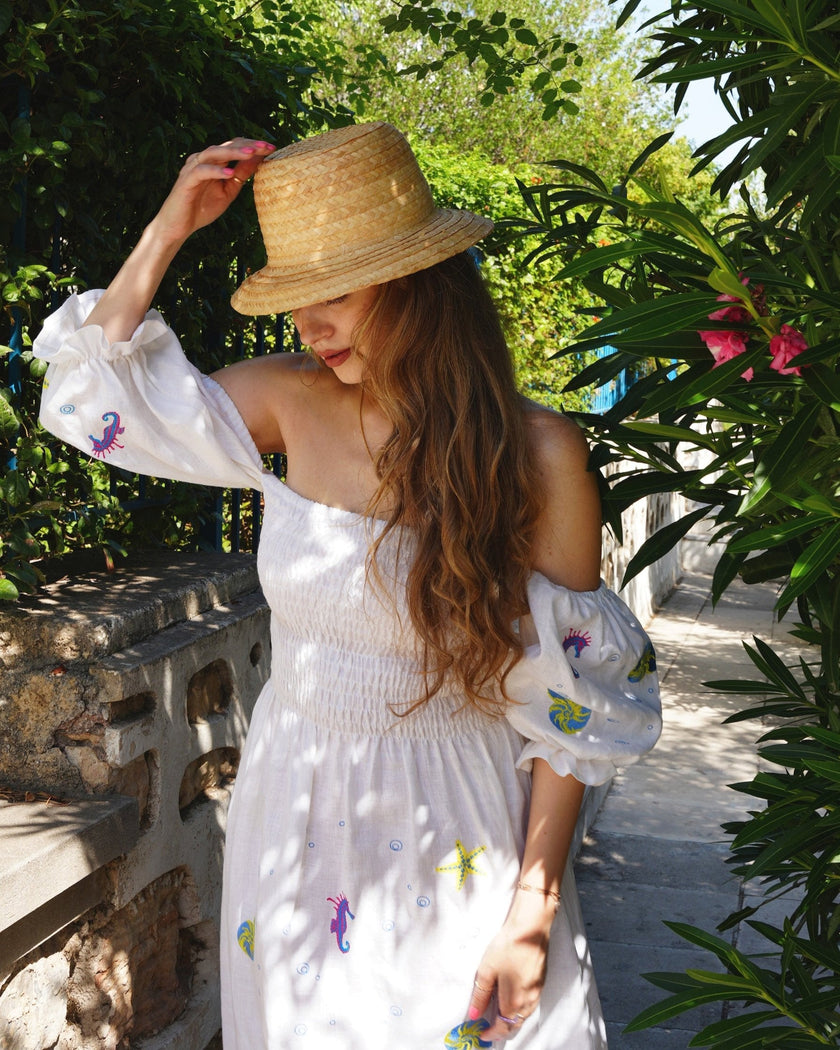 White Embroidered Linen Dress | ZALXNDRA