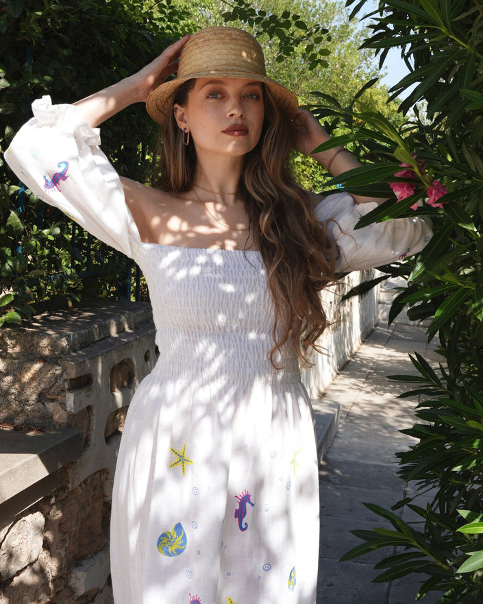 White Embroidered Linen Dress || ZALXNDRA