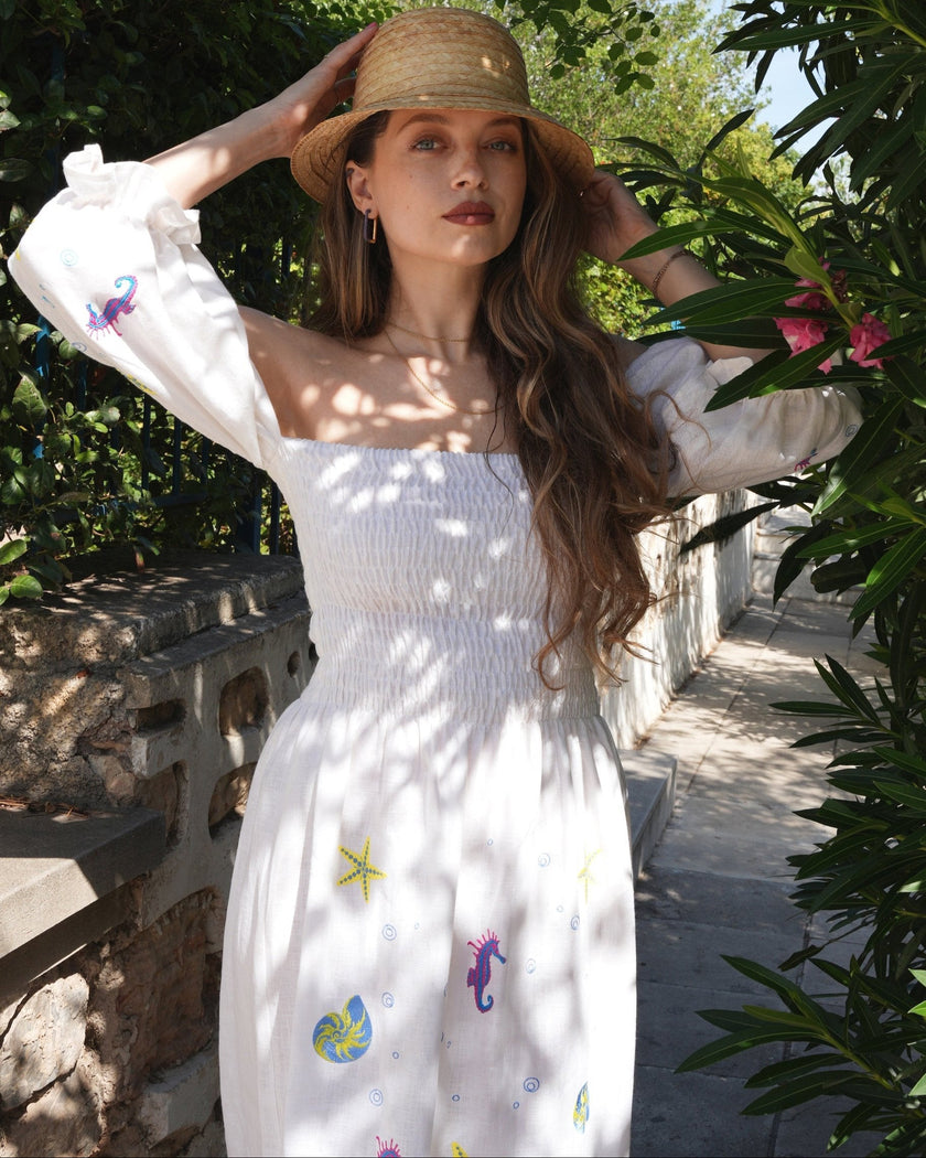 White Sea Life Embroidered Linen Off-the-Shoulder Midi Dress