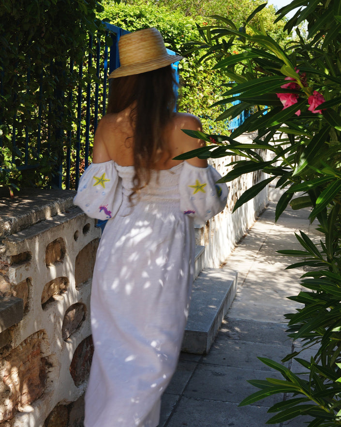 White Embroidered Linen Dress || ZALXNDRA