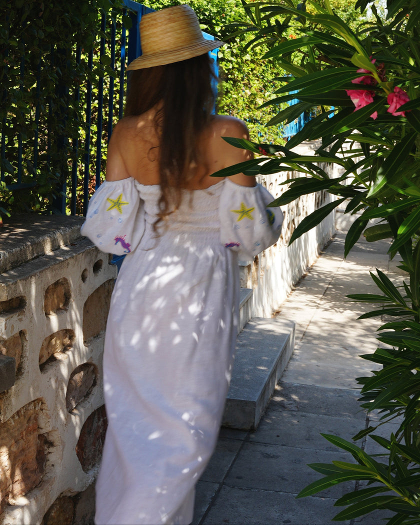 White Sea Life Embroidered Linen Off-the-Shoulder Midi Dress