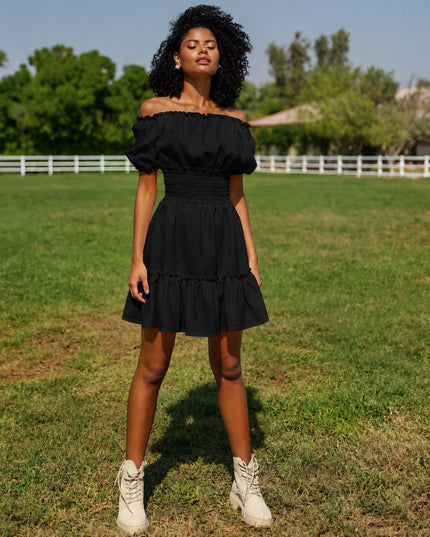 Black Linen Off-Shoulder Mini Dress