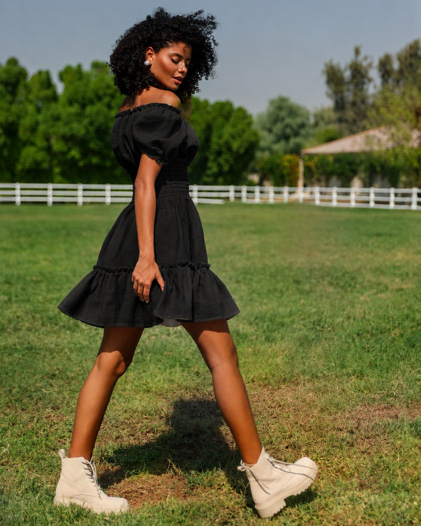 Black Linen Off-Shoulder Mini Dress