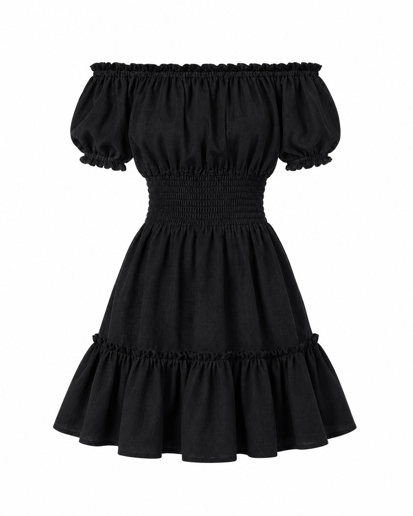 Black Linen Off-Shoulder Mini Dress