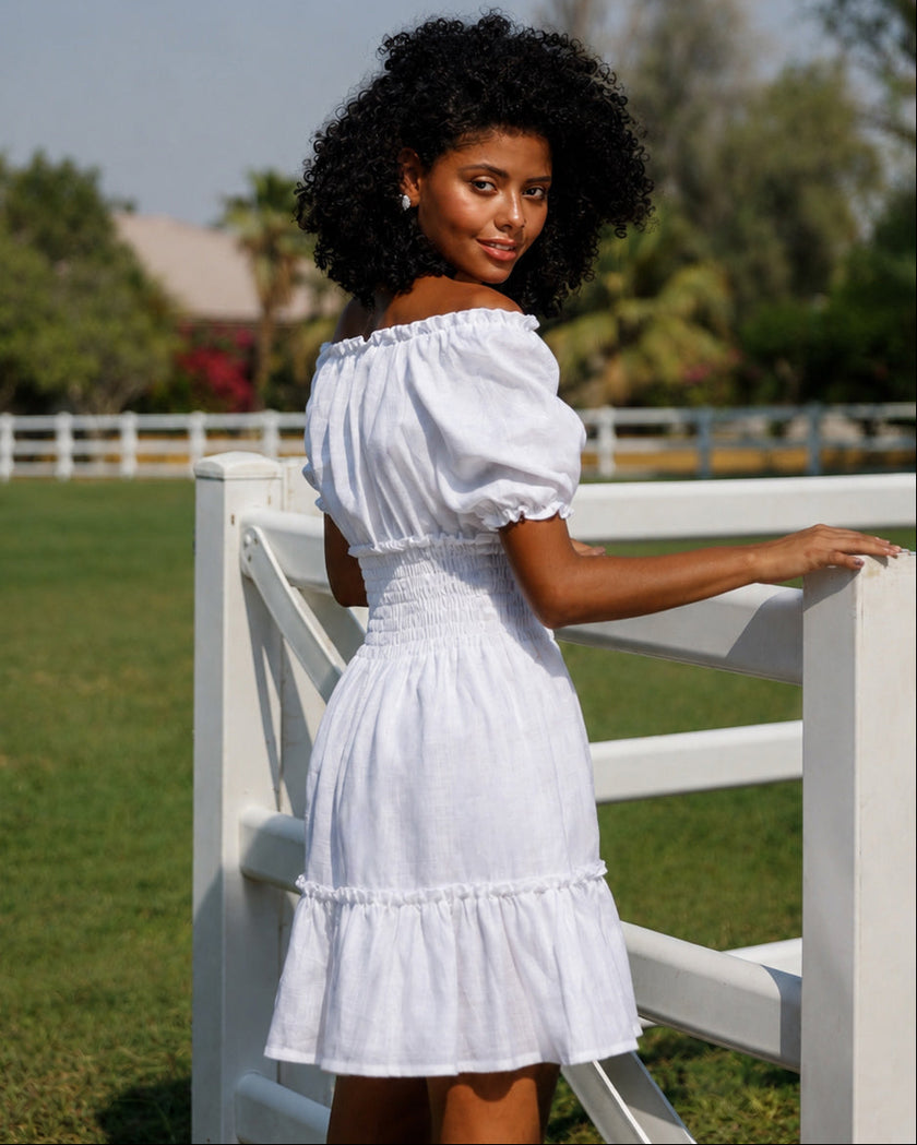 White Linen Off-Shoulder Mini Dress