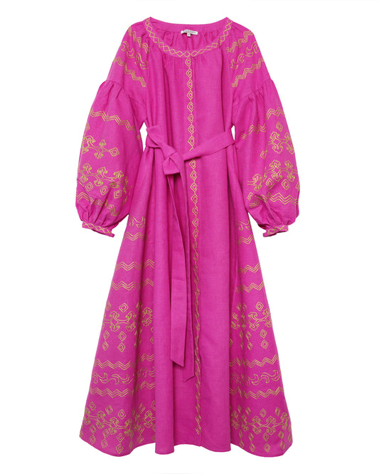 Fuchsia Embroidered Linen Long Dress – Balloon Sleeves | ZALXNDRA
