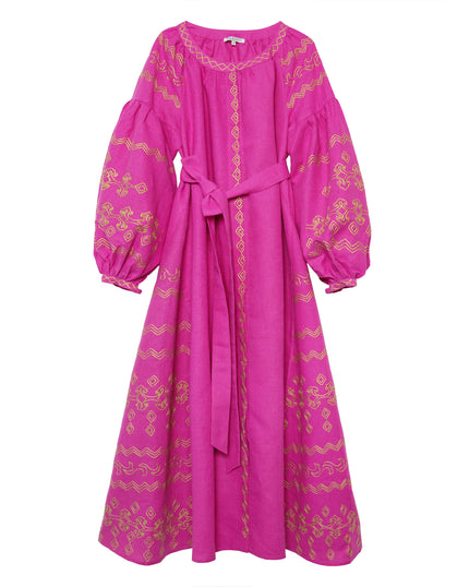 Fuchsiafarbenes, besticktes langes Leinenkleid – Ballonärmel | ZALXNDRA