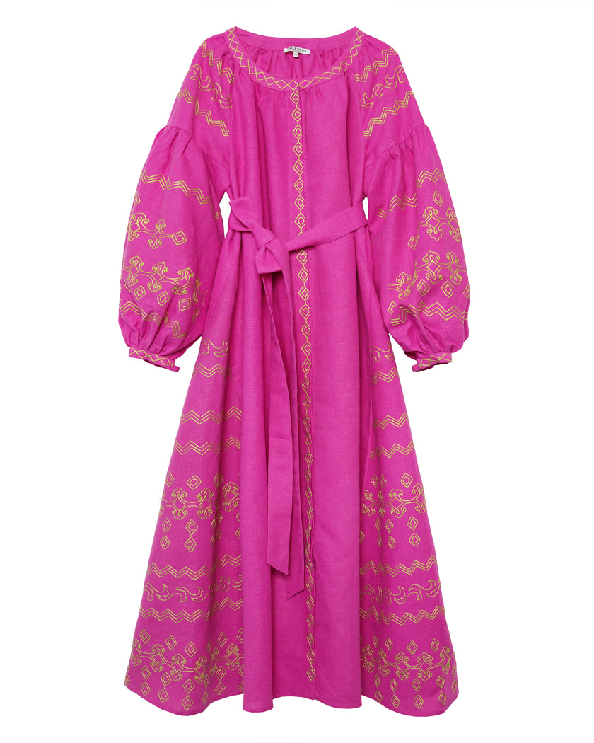 Fuchsia Gold Hand-Embroidered Tambour Linen Kaftan Maxi Dress