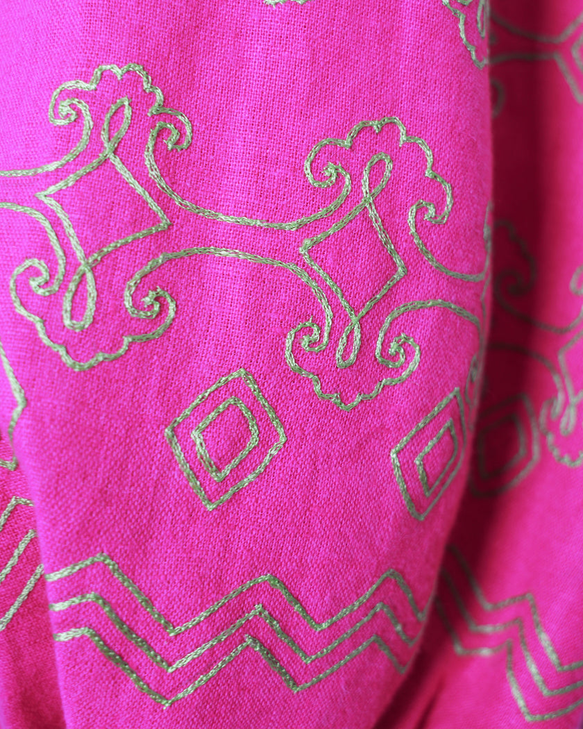 Fuchsia Gold Hand-Embroidered Tambour Linen Kaftan Maxi Dress
