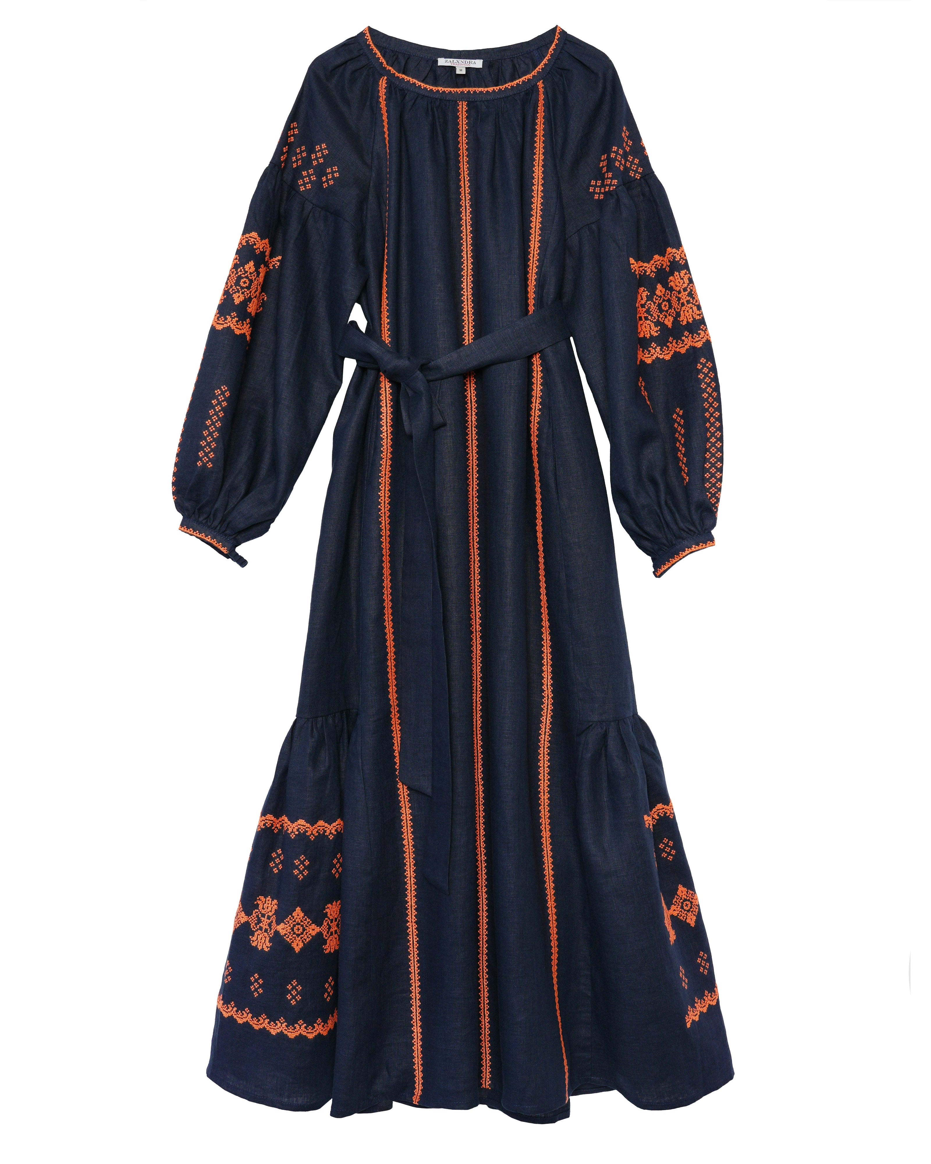 Robe longue en lin brodé bleu rhapsodie – Manches ballon