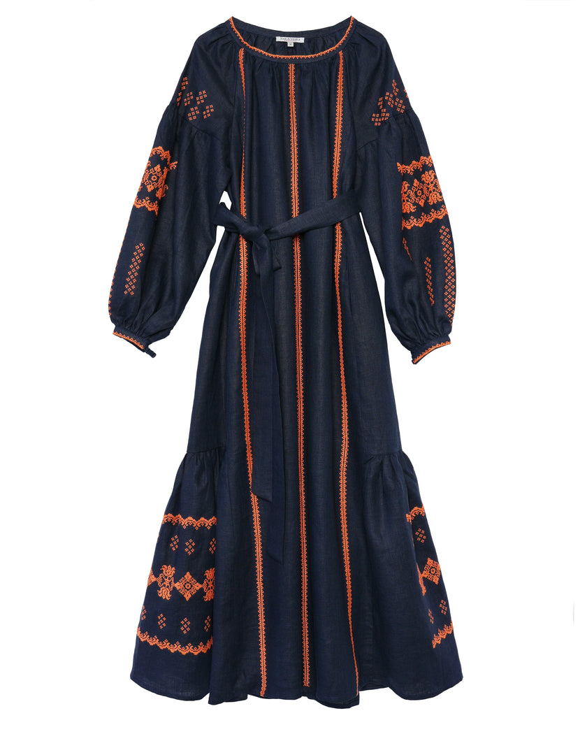 Navy Orange Hand-Embroidered Cross-Stitch Linen Kaftan Maxi Dress