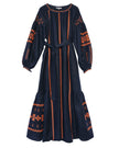 Robe longue en lin brodé bleu rhapsodie – Manches ballon