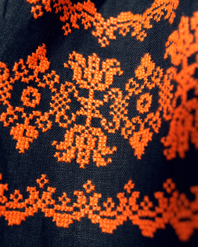 Navy Orange Hand-Embroidered Cross-Stitch Linen Kaftan Maxi Dress