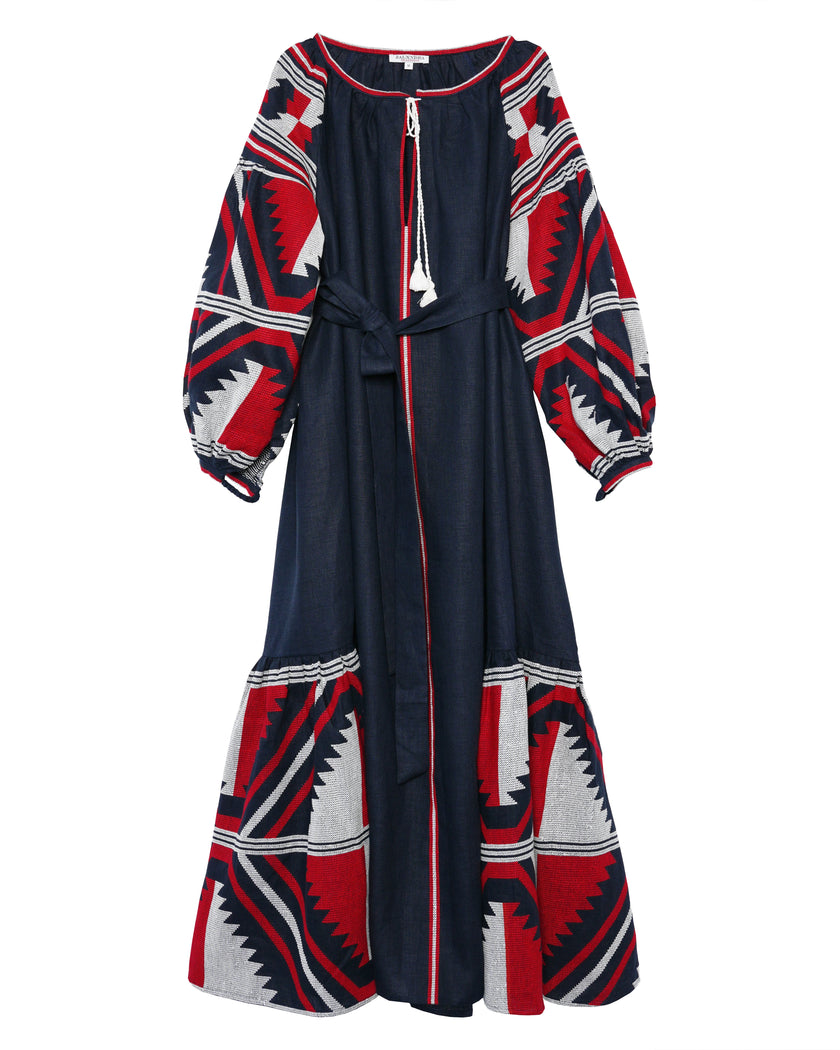 Rhapsody Blue Embroidered Linen Long Dress – Balloon Sleeves