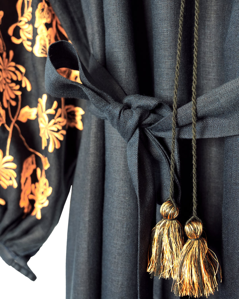 Navy Gold Floral Embroidered Linen Kaftan Maxi Dress