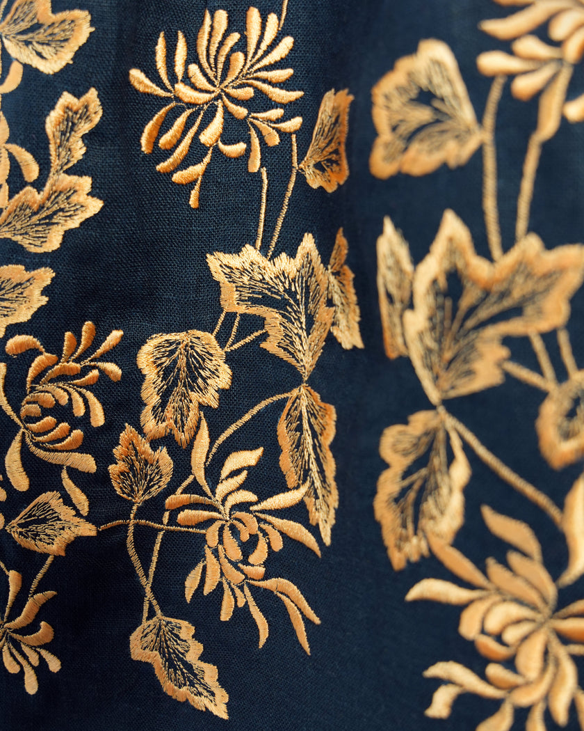 Navy Gold Floral Embroidered Linen Kaftan Maxi Dress