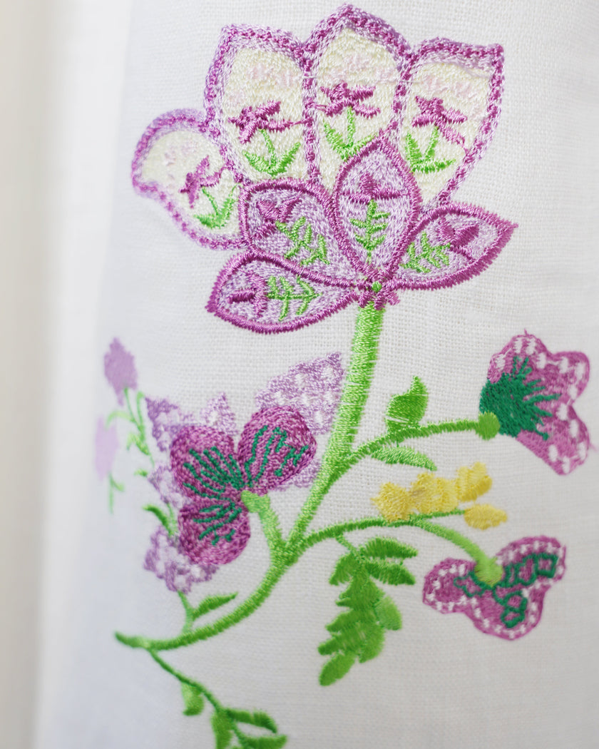 White Purple Floral Embroidered Linen Kaftan Maxi Dress