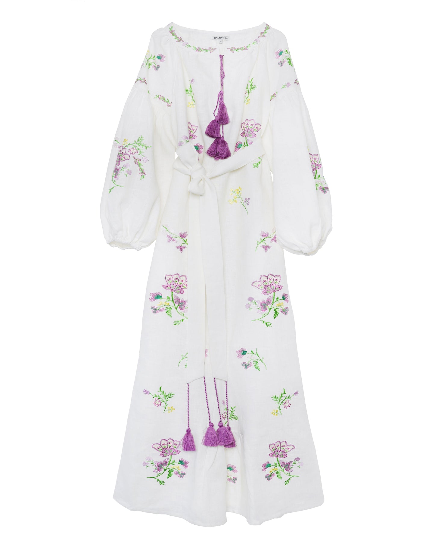 White Embroidered Linen Long Dress – Balloon Sleeves | ZALXNDRA