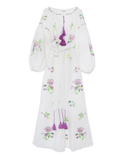 White Embroidered Linen Long Dress – Balloon Sleeves | ZALXNDRA