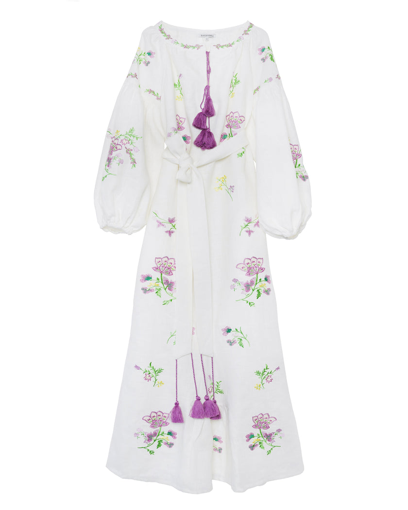 White Purple Floral Embroidered Linen Kaftan Maxi Dress
