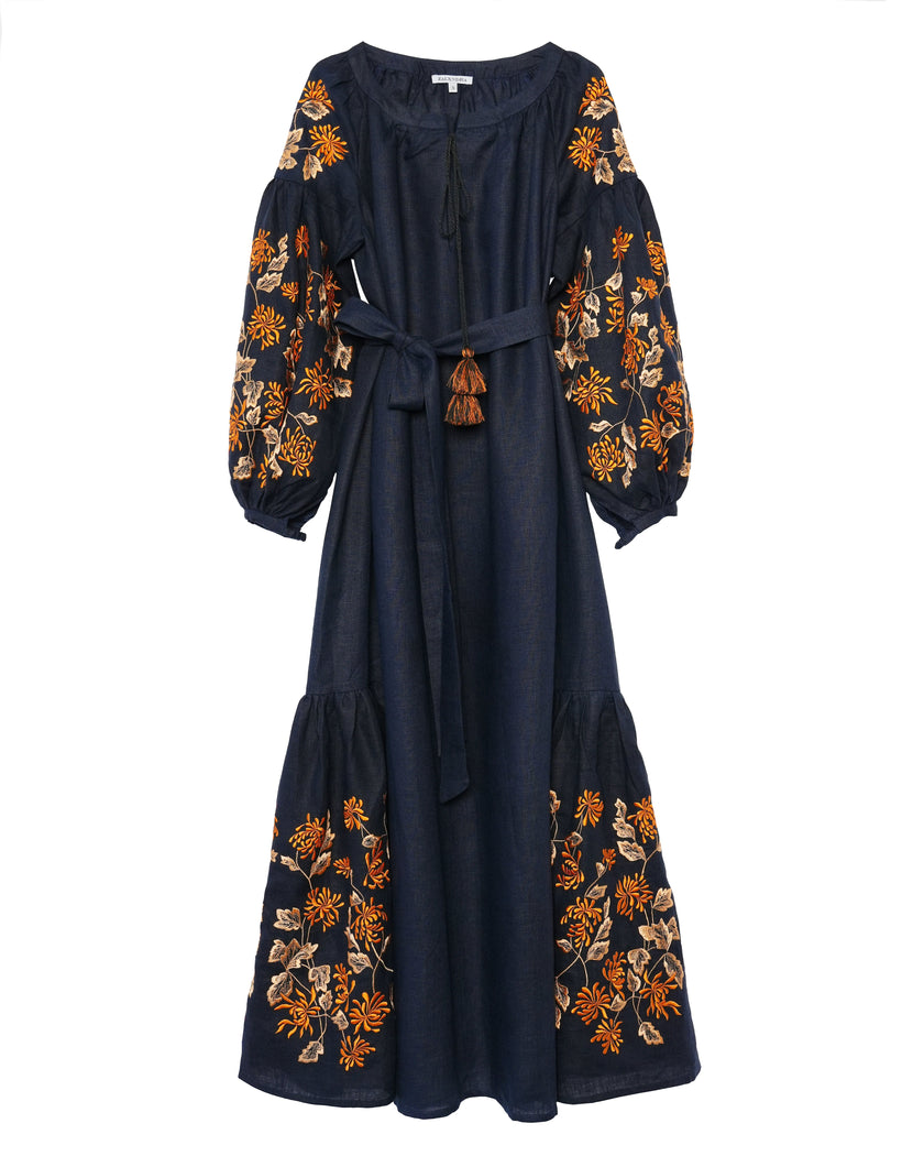 Navy Multi-Color Floral Embroidered Linen Kaftan Maxi Dress