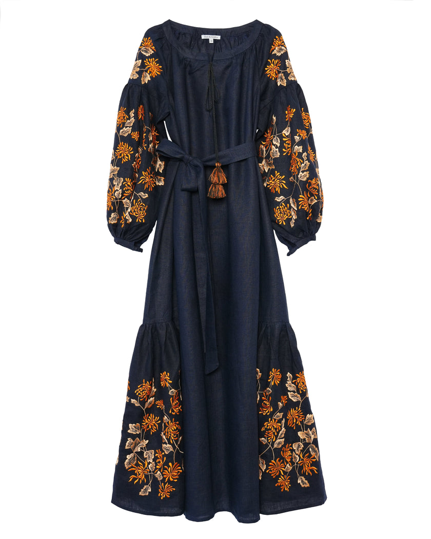 Navy Multi-Color Floral Embroidered Linen Kaftan Maxi Dress