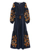 Rhapsody Blue Embroidered Linen Long Dress – Balloon Sleeves
