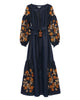 Rhapsody Blue Embroidered Linen Long Dress – Balloon Sleeves