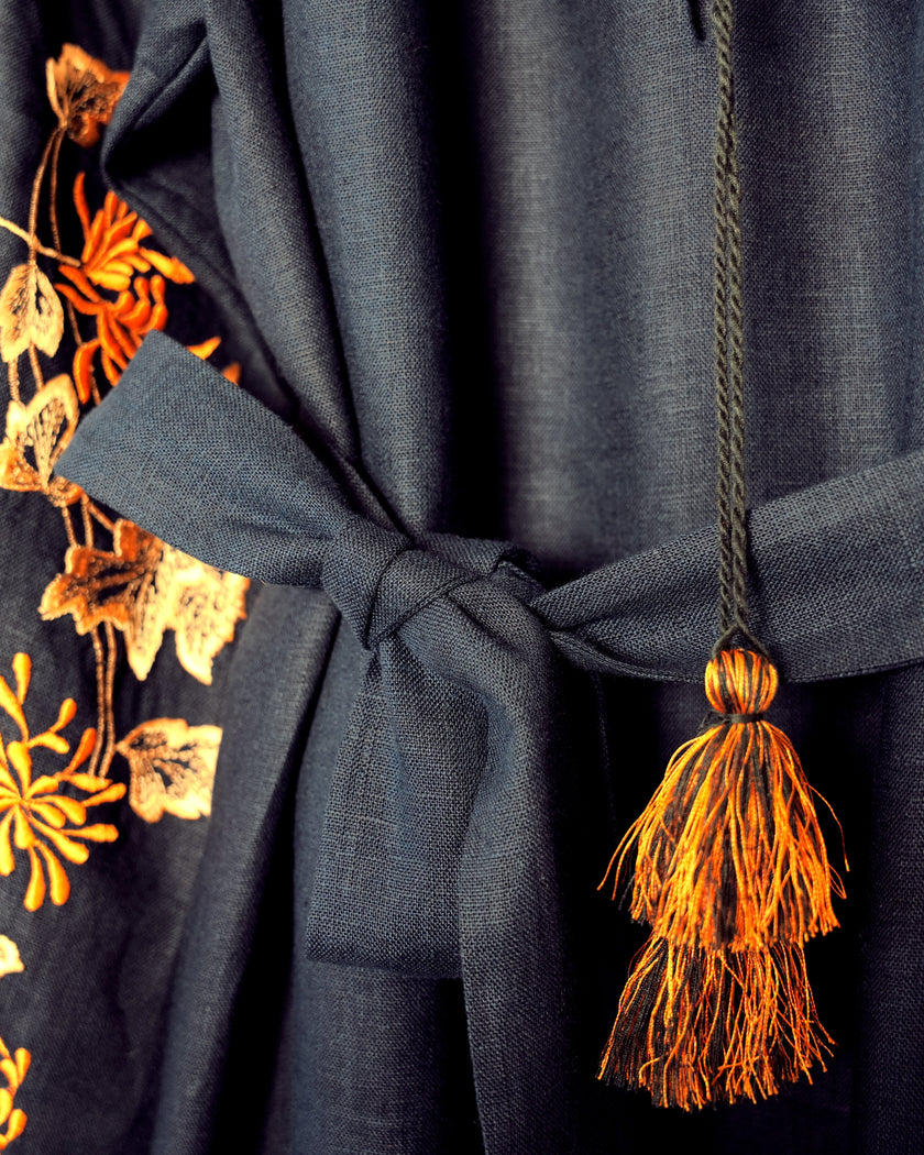 Navy Multi-Color Floral Embroidered Linen Kaftan Maxi Dress