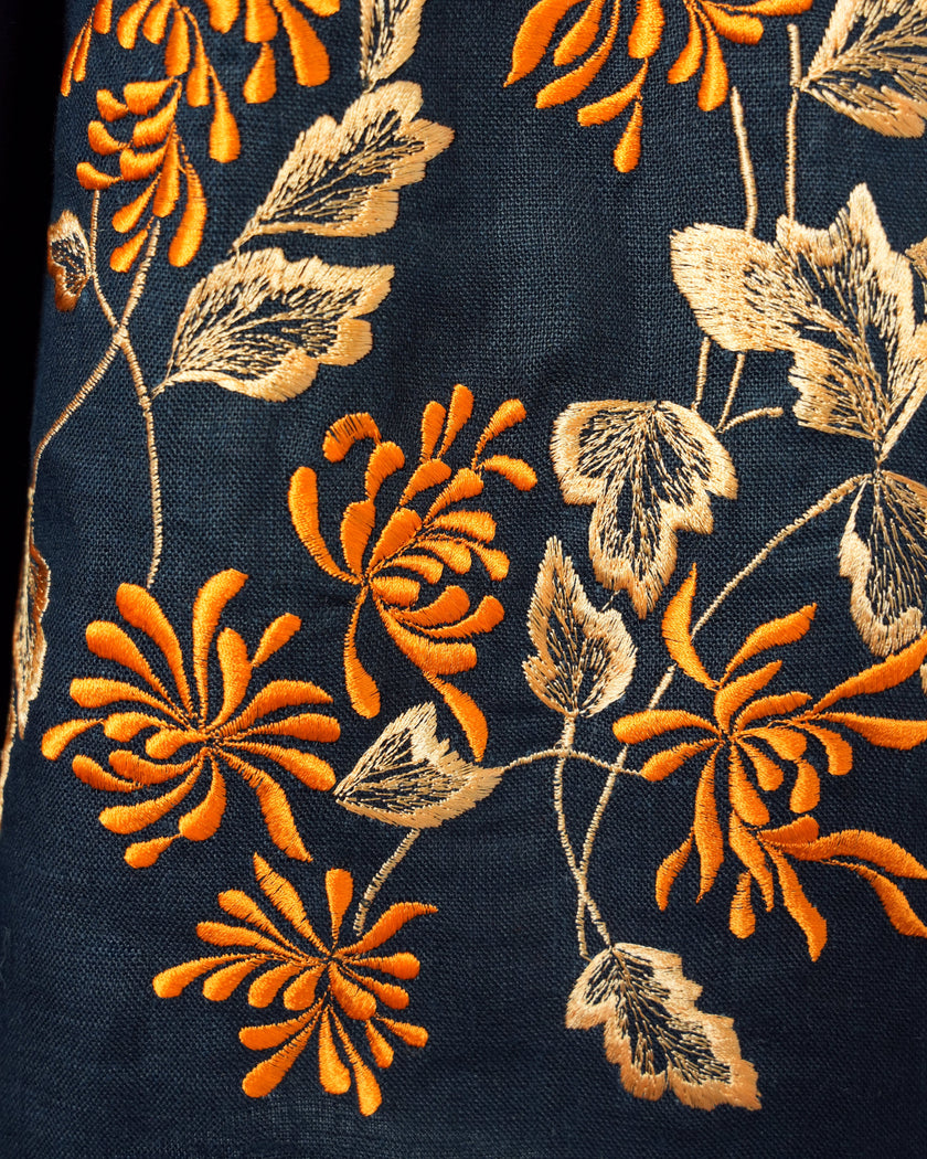 Navy Multi-Color Floral Embroidered Linen Kaftan Maxi Dress