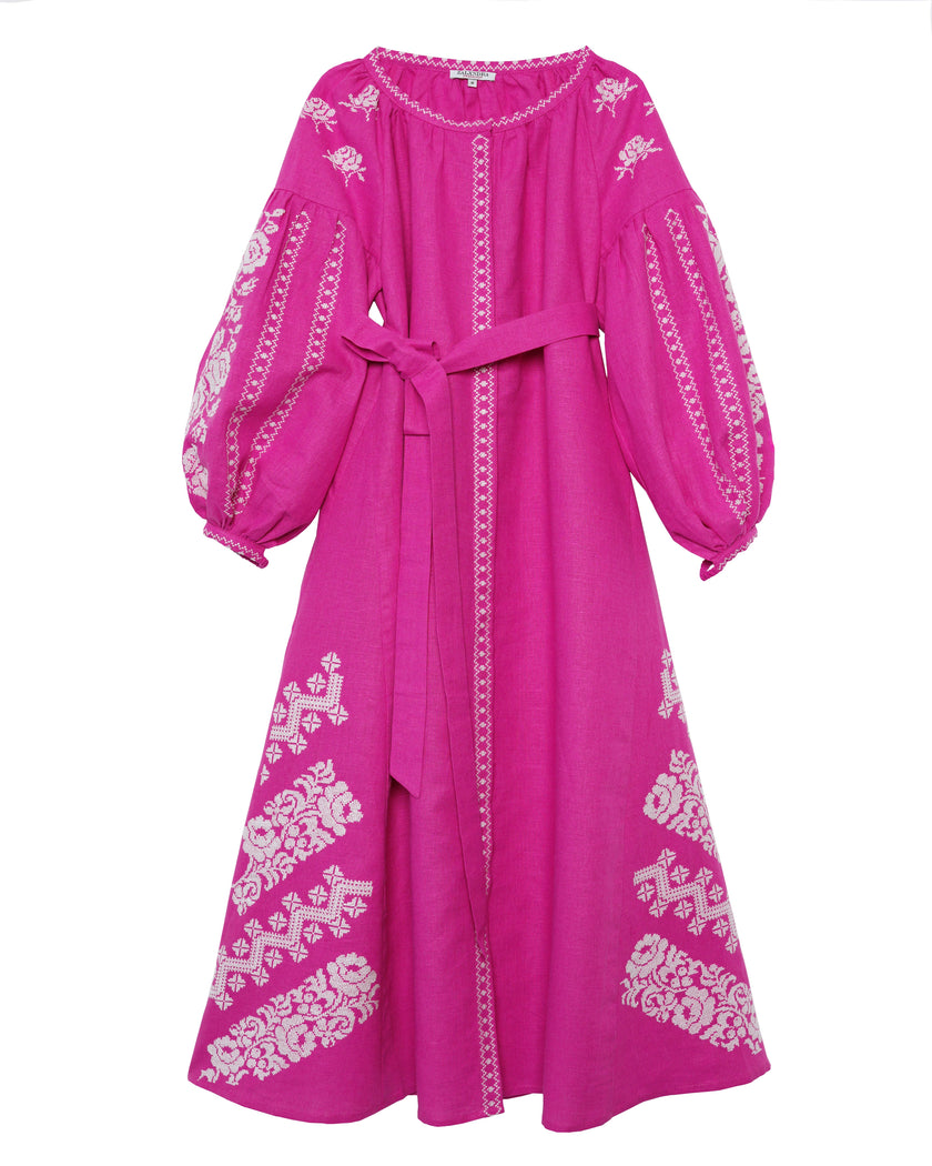 Fuchsia White Hand-Embroidered Cross-Stitch Linen Kaftan Maxi Dress