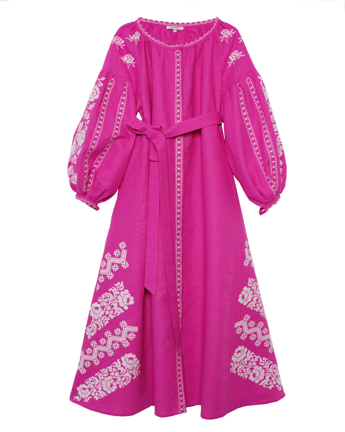 Fuchsia White Hand-Embroidered Cross-Stitch Linen Kaftan Maxi Dress