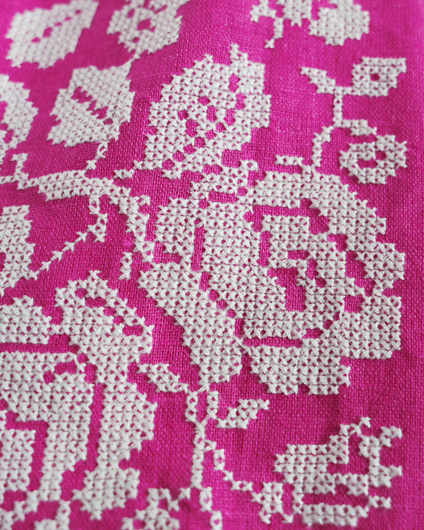 Fuchsia White Hand-Embroidered Cross-Stitch Linen Kaftan Maxi Dress