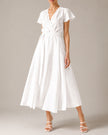White Linen Belted V-Neck Maxi Dress