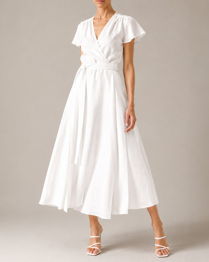White Linen Belted V-Neck Maxi Dress