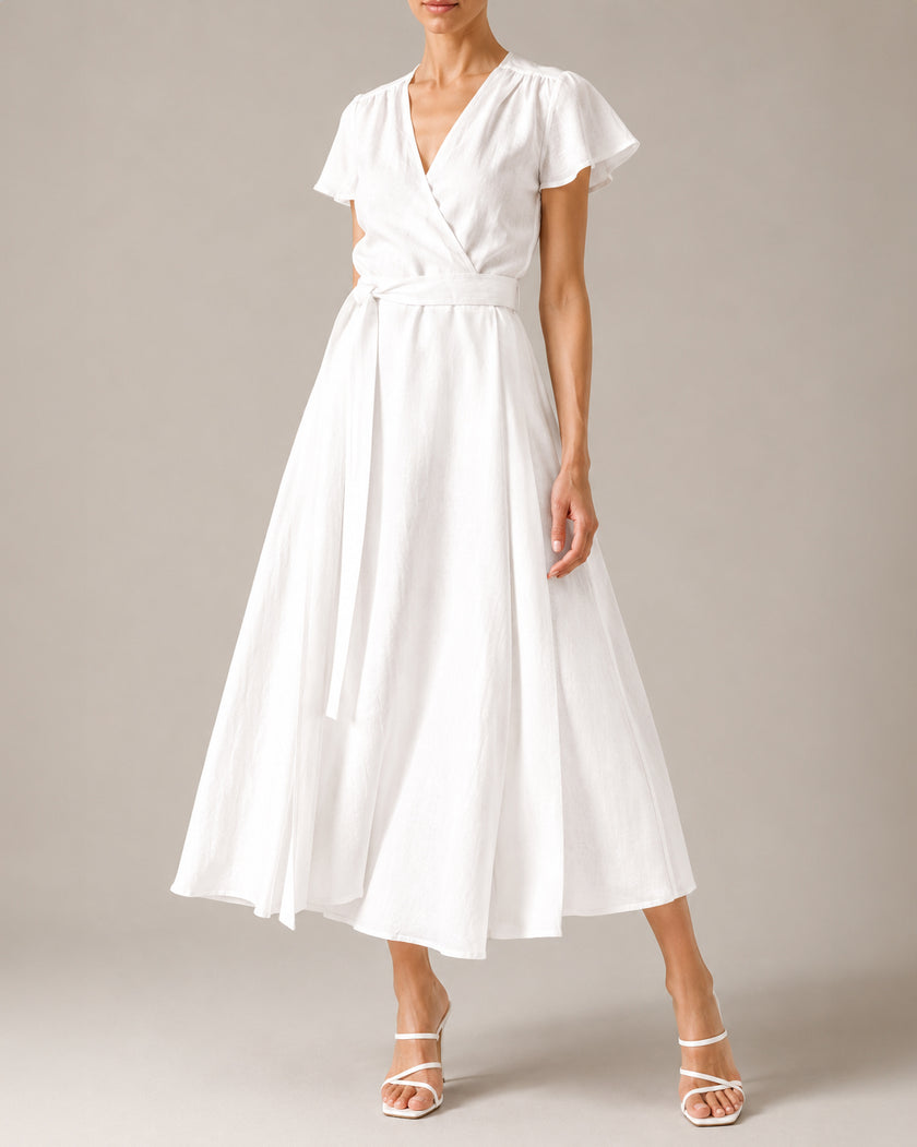 White Linen Belted V-Neck Maxi Dress