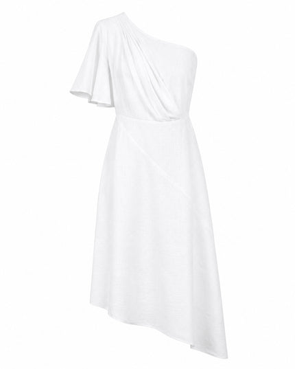 White One-Shoulder Asymmetric Linen Midi Dress