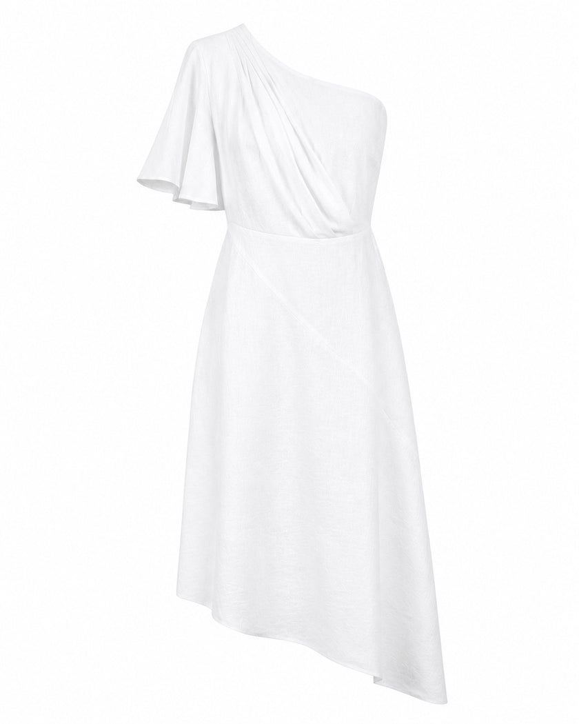 White One-Shoulder Asymmetric Linen Midi Dress