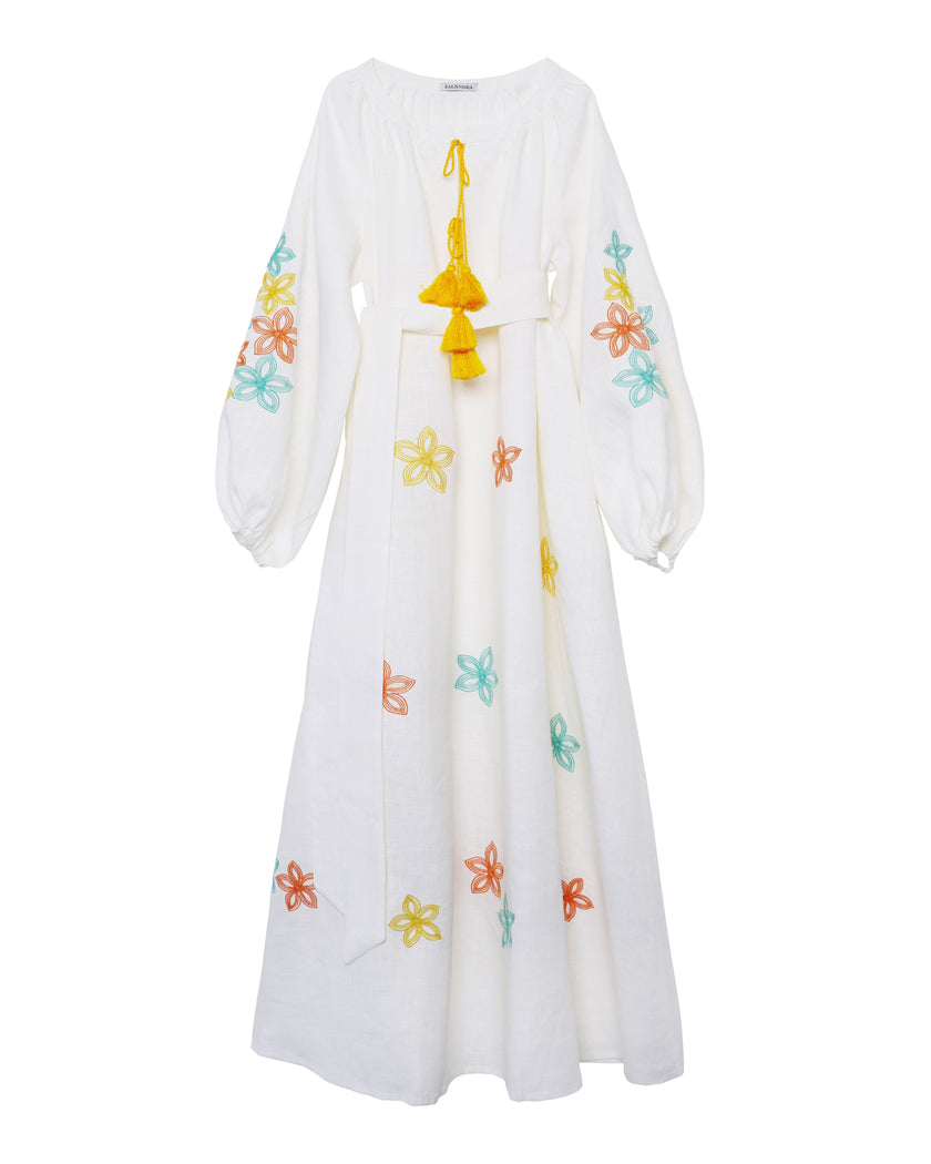 White Embroidered Linen Long Dress – Balloon Sleeves | ZALXNDRA