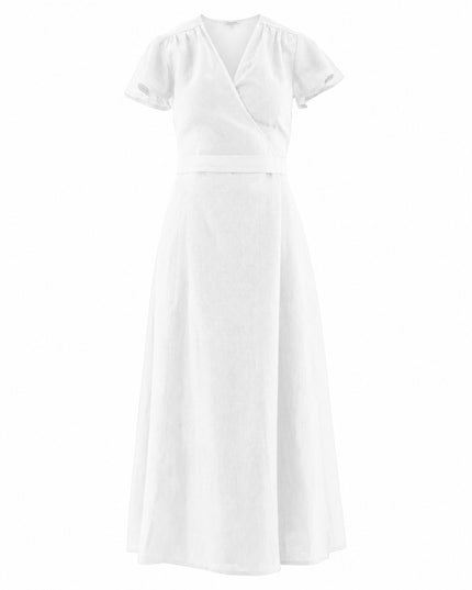 White Linen Belted V-Neck Maxi Dress