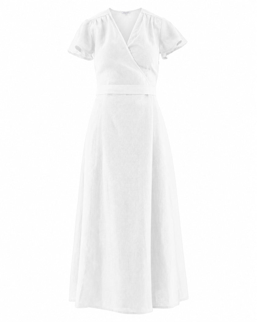 White Linen Belted V-Neck Maxi Dress
