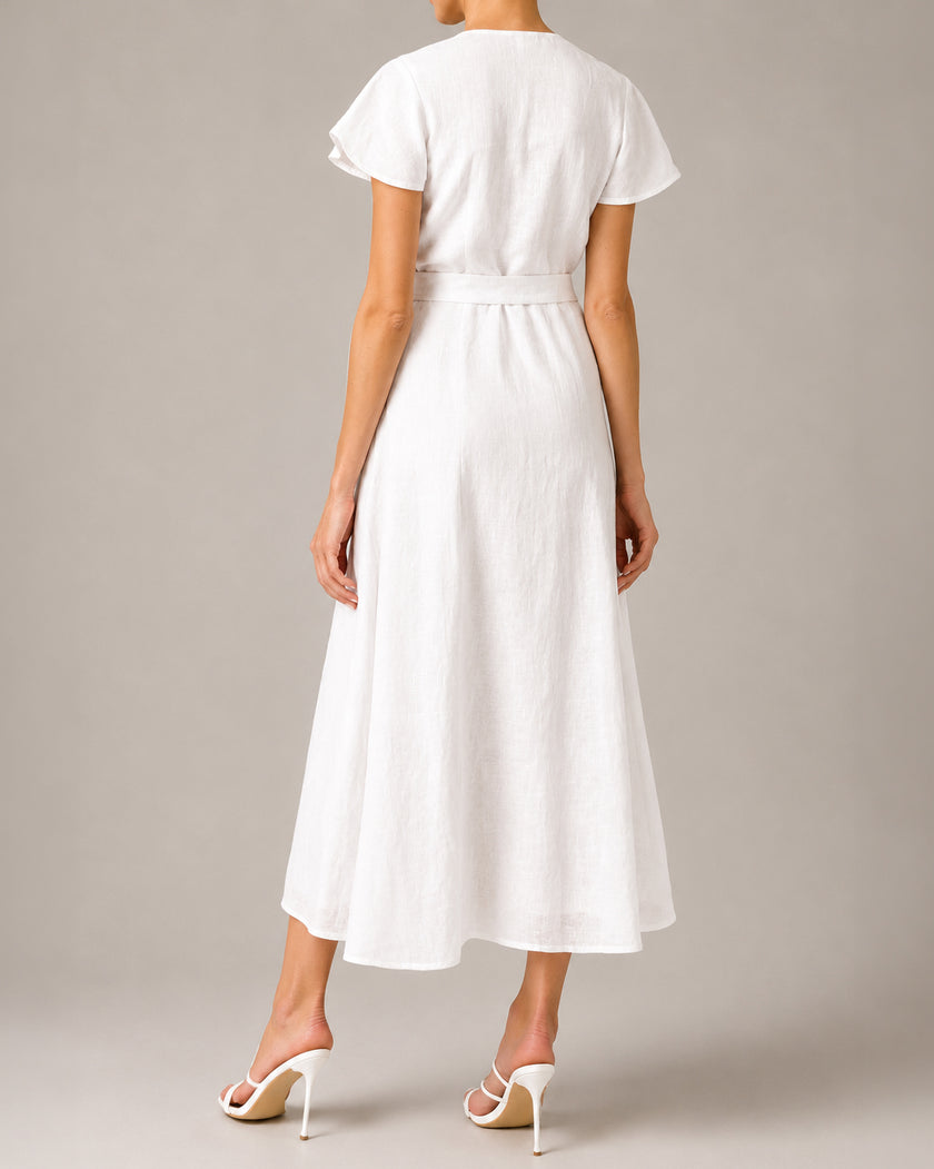 White Linen Belted V-Neck Maxi Dress