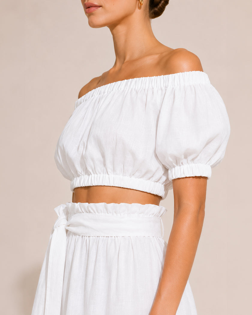 White Linen Off-Shoulder Crop Top and Maxi Skirt Co-ord Set