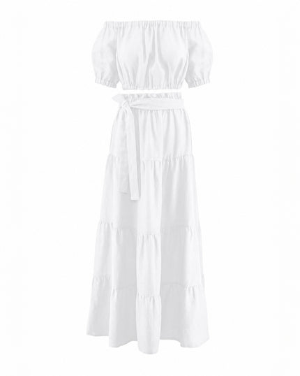 White Linen Off-Shoulder Crop Top and Maxi Skirt Co-ord Set