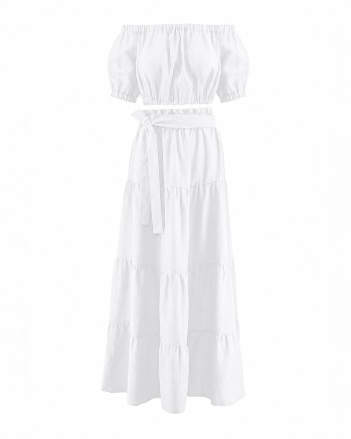 White Linen Off-Shoulder Crop Top and Maxi Skirt Co-ord Set