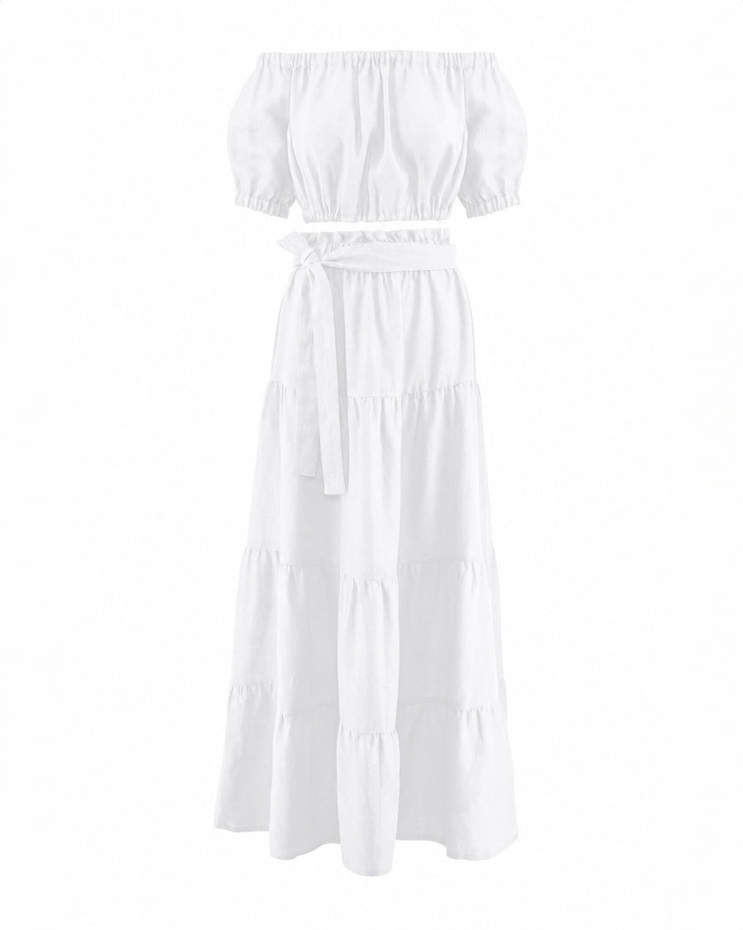 White Linen Off-Shoulder Crop Top and Maxi Skirt Co-ord Set