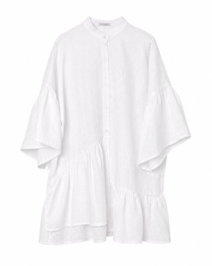 White Asymmetric Ruffled Linen Mini Shirt Dress